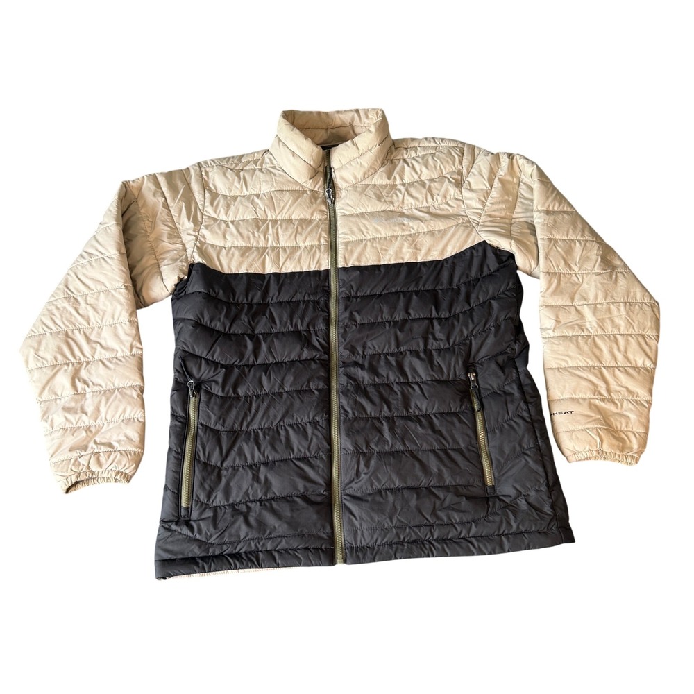 Columbia Omni-Heat Puffer Jacket Mens Large Tan Black Colorblock Full Zip Coat
